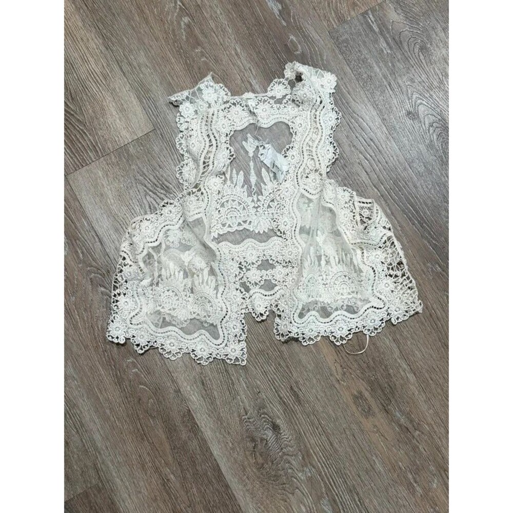 NWT White Clay Crochet Lace Vest Sheer Open Front Sleeveless Vest Boho Size XS